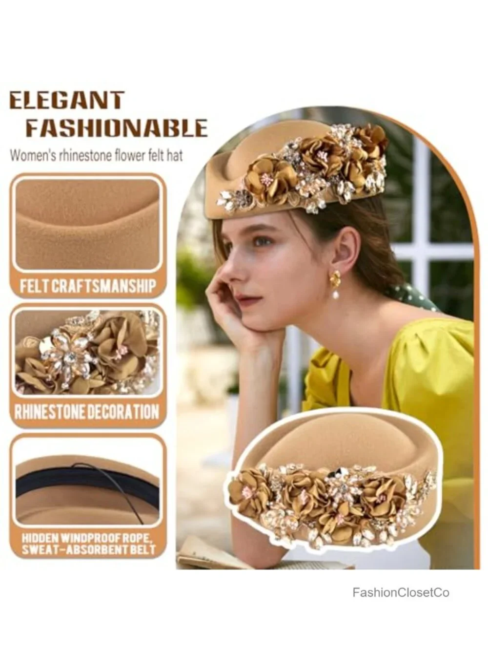 Retro Stewardess Felt Hat Rhinestone Flower Beret Church Derby Hat